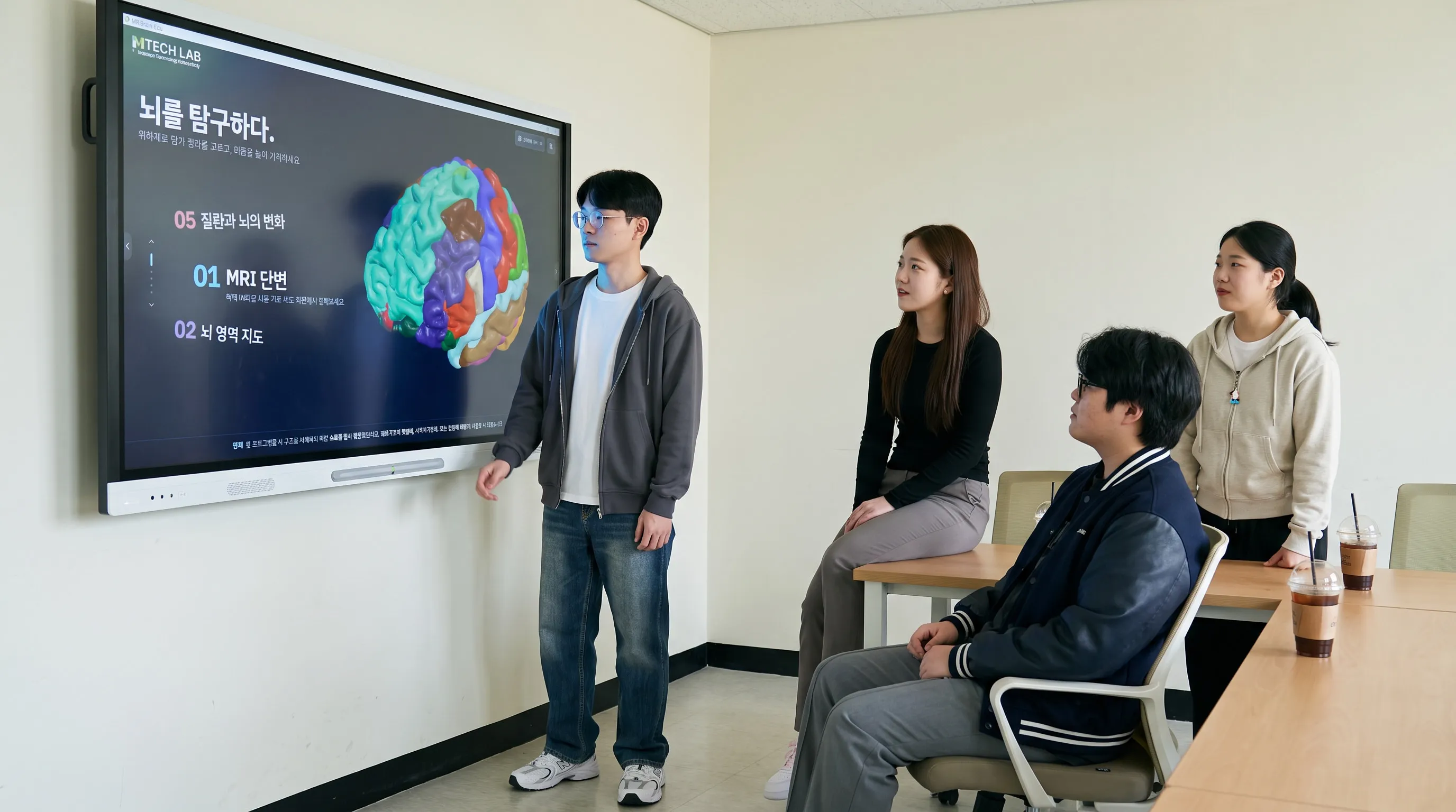 세미나실에서 학생 한 명이 벽걸이 디스플레이 옆에 서 있고, 세 명은 책상 앞에 앉거나 서서 듣고 있습니다.