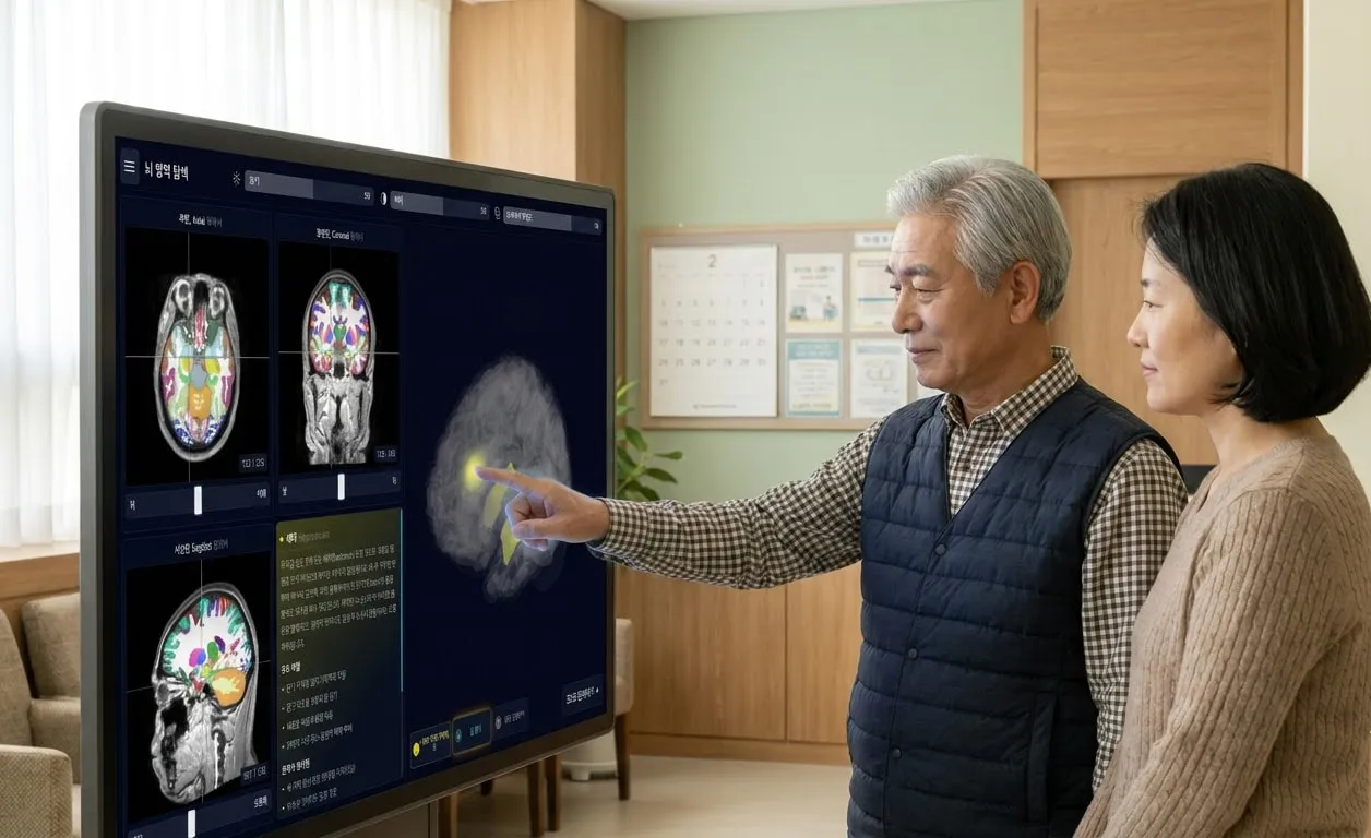 나무 벽면과 게시판이 있는 라운지에서 스탠드형 디스플레이를 손끝으로 짚고 있습니다.