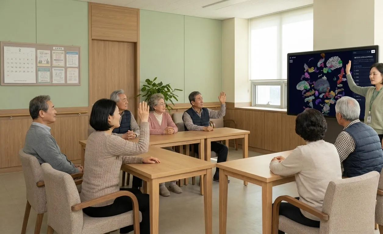 연두색 벽의 교육실에서 어르신들이 나무 책상에 둘러앉아 손을 들고 있고, 강사가 오른쪽에 서 있습니다.